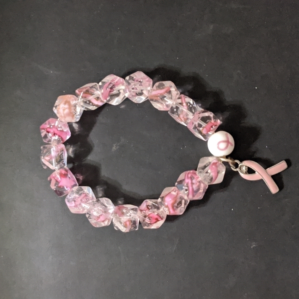 PINK And Clear Swirl Pink Ribbon Breast Cancer Stretchy Elastic Bracelet
